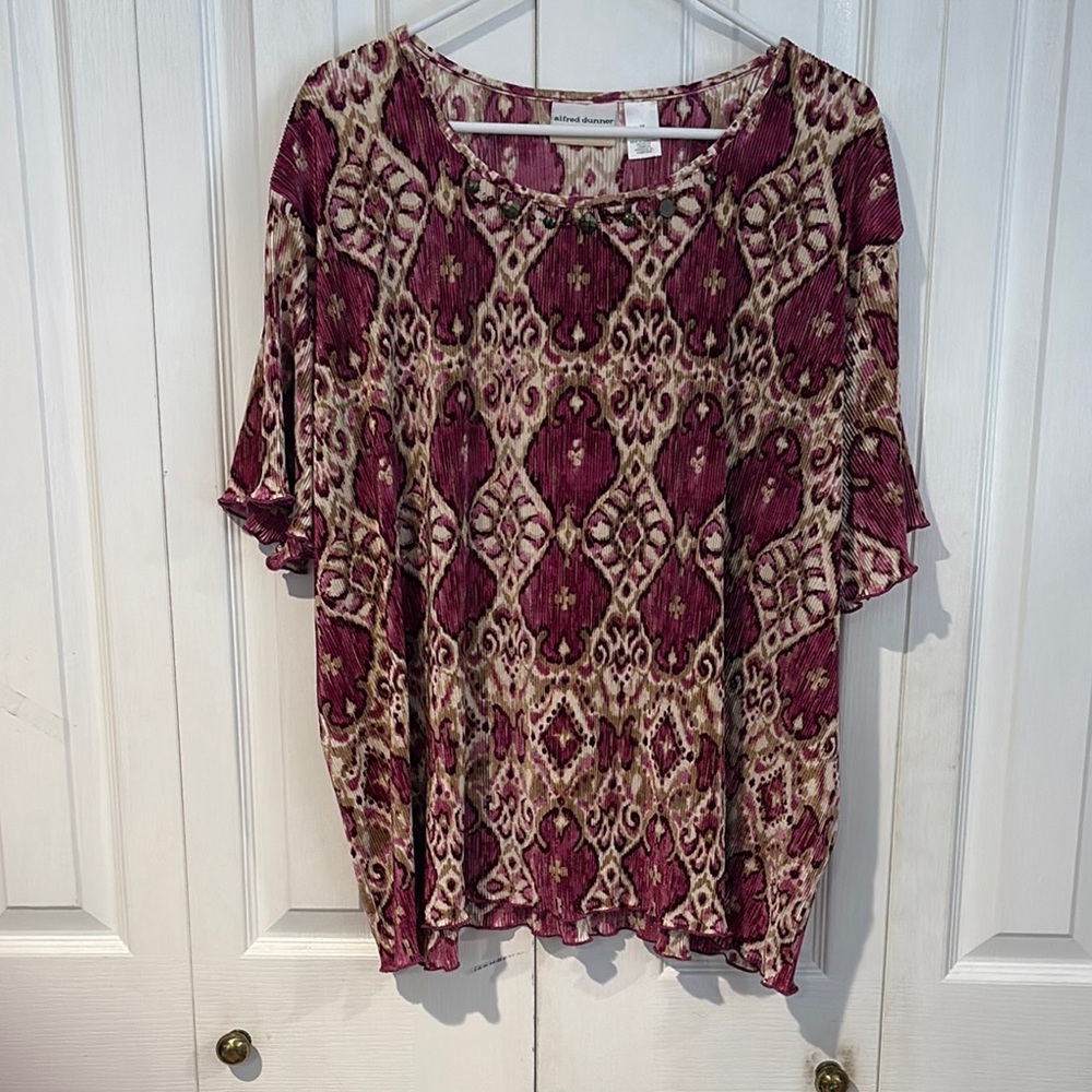 Alfred Dunner Burgundy and Cream Patterned Blouse